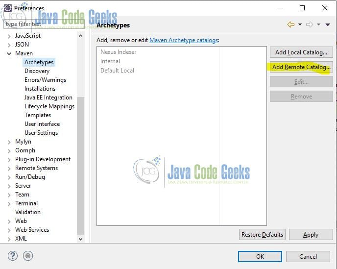 Apache Maven Eclipse Project Creation - Add Remote Catalog