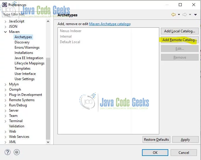 Apache Maven Eclipse Project Creation - Add Remote Catalog