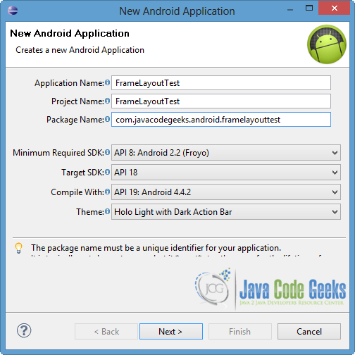 Figure 1. Create a new Android application