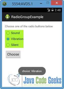 Figure 8: Selection of another radio button