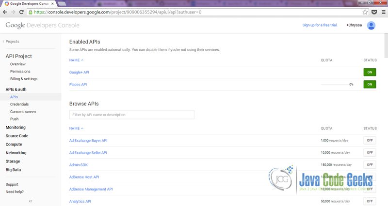 Figure 4: Google Plus API enabled