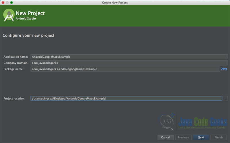 "Configure your new project" screen. Add your application name and the projects package name.
