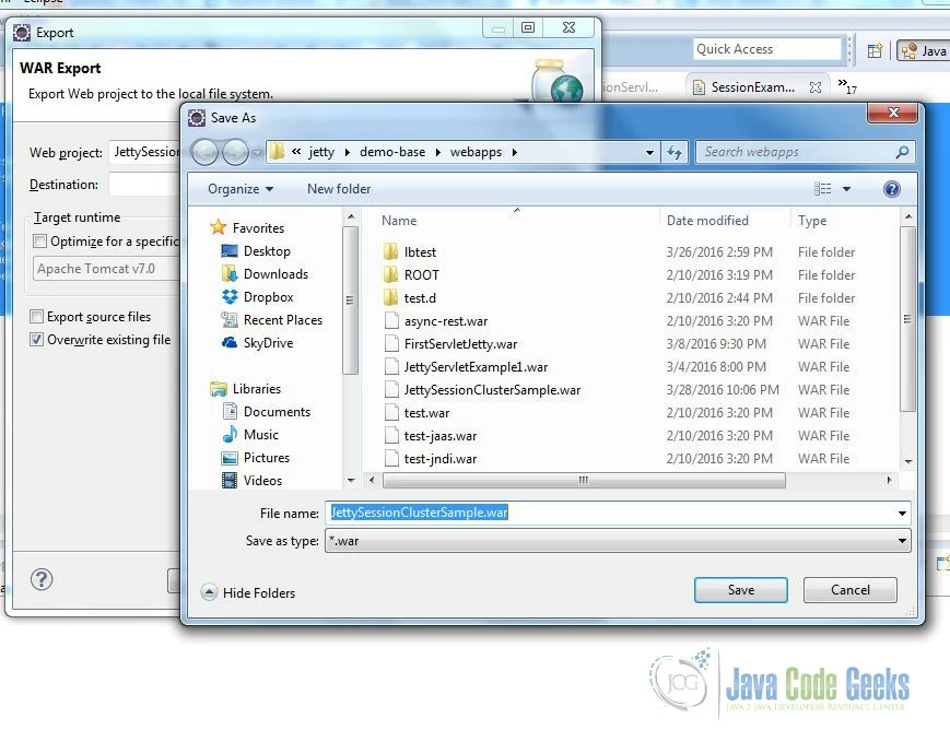 Export JettySessionClusterSample as WAR file