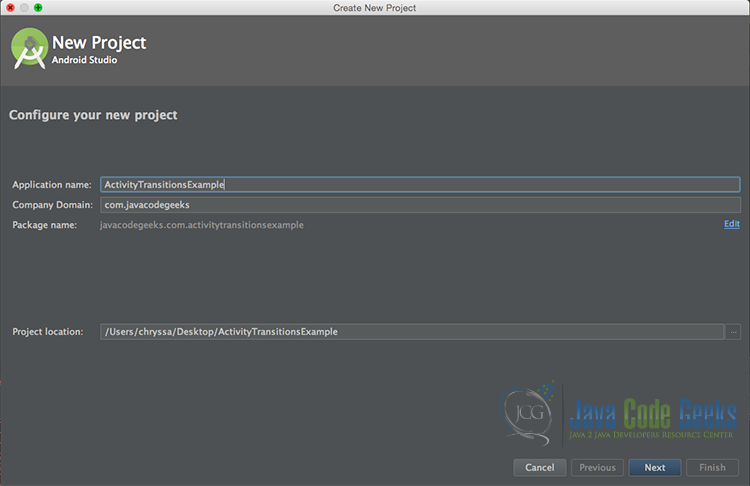“Configure your new project” screen. Add your application name and the projects package name.