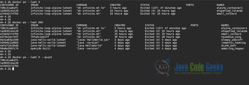 docker list containers - Various outputs of docker ps --last