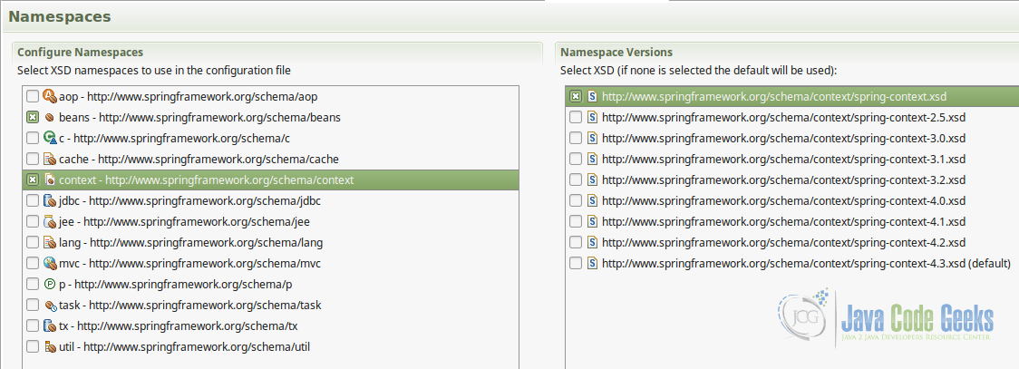 spring namespace xsd versions