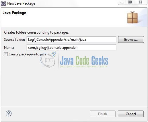 Fig. 8: Java Package Name (com.jcg.log4j.console.appender)