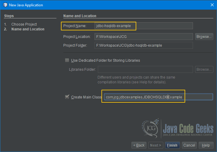 JDBC HSQLDB - NetBeans New Project Name and Location