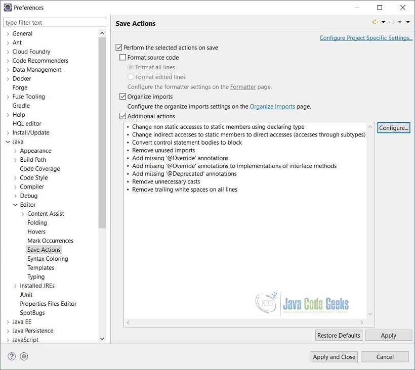 Eclipse with Wildfly and JBoss Tools - Java Editor Save Actions