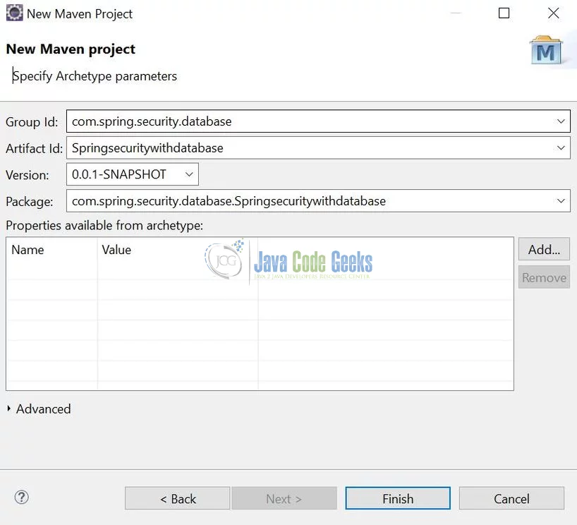 Spring Security via Database Authentication - Archetype Parameters