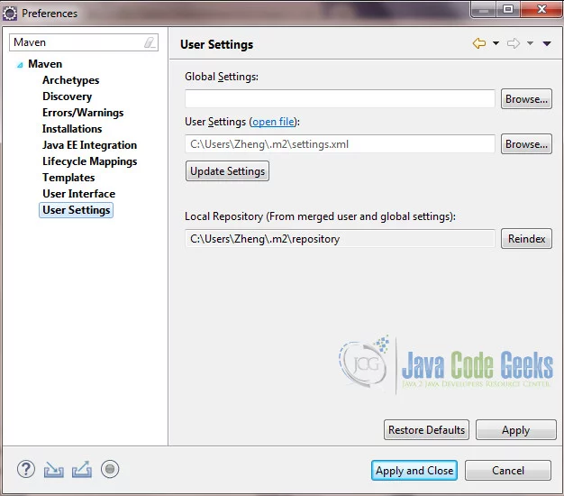 Apache Maven Eclipse Integration - Maven User Setting