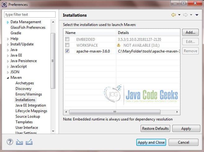Apache Maven Eclipse Integration - Maven Installations Setting