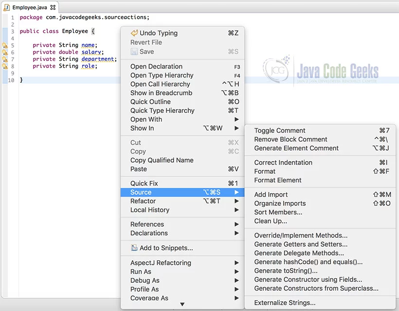 OOPS Concepts Java - Source Actions in Eclipse