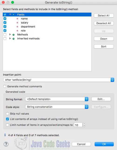 OOPS Concepts Java - Generate toString()