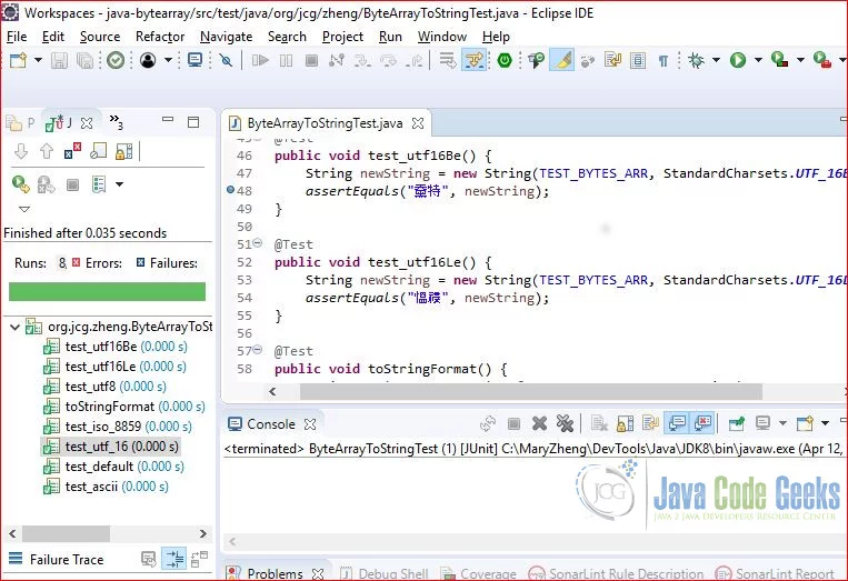 Convert Byte[] array to String - Junit Test Results