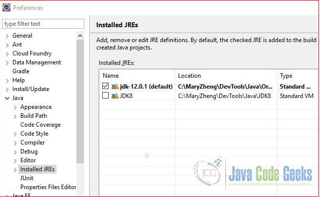 Java 12 New Features - Installed JRE