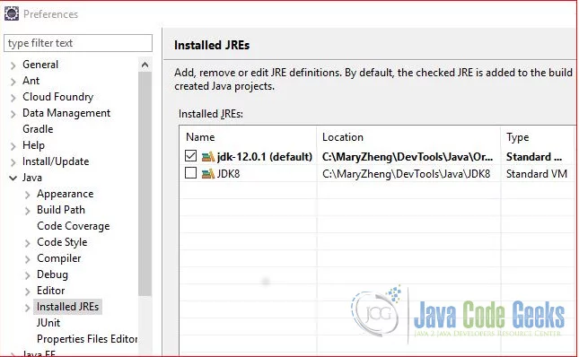Java 12 New Features - Installed JRE