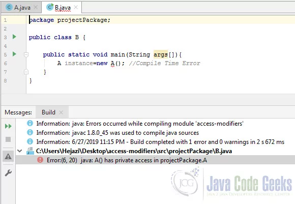 Access Modifiers in Java - Error for private constructor