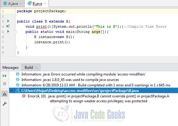 Access Modifiers in Java - overridden method