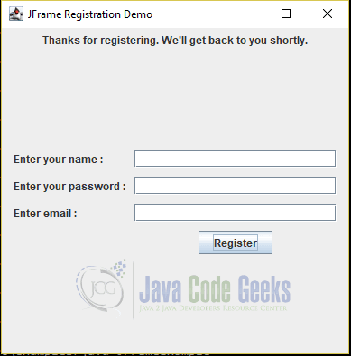 Java JFrame - after Register button is clicked. Note the change in label