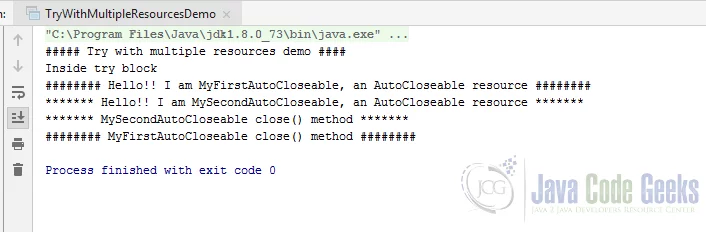 Java try with Resources - TryWithMultipleResources output