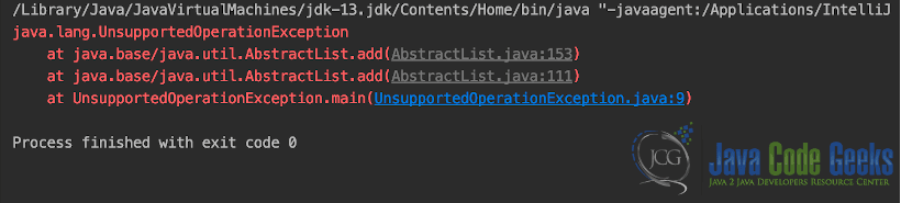 Java Exceptions List - outptut of UnsupportedOperationException.java