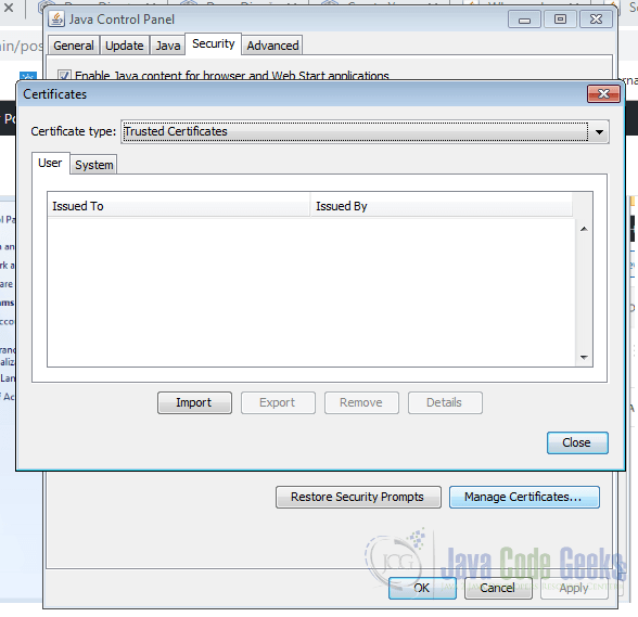 application blocked by Java security - Manage Certificates