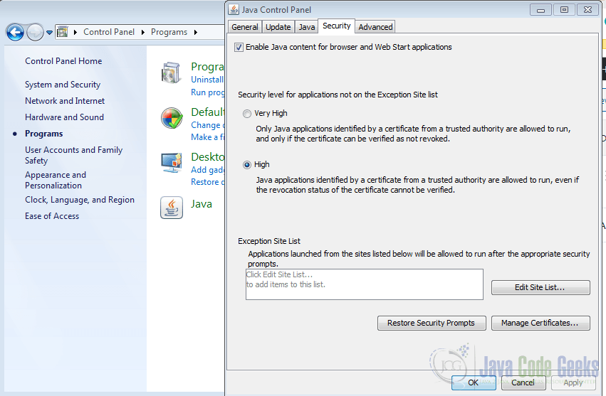 application blocked by Java security - control panel