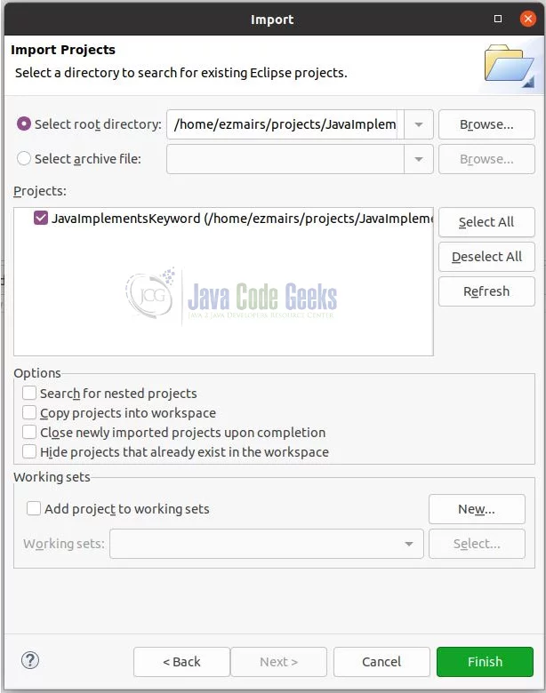 Java Implements - Select root directory and click on Finish button