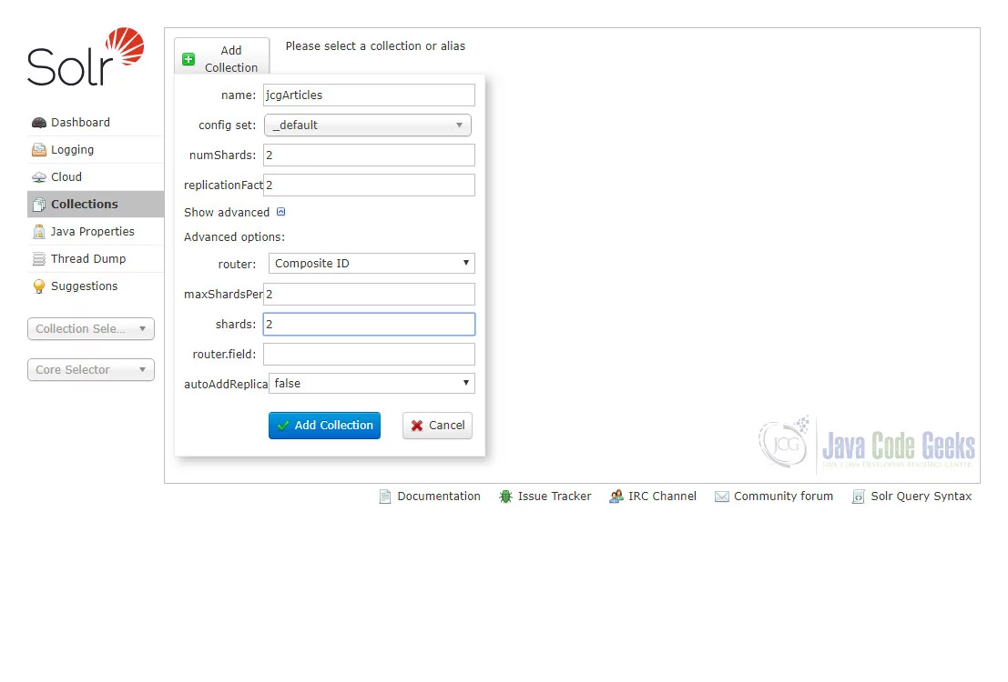 Fig. 6. Solr Admin Create Collection