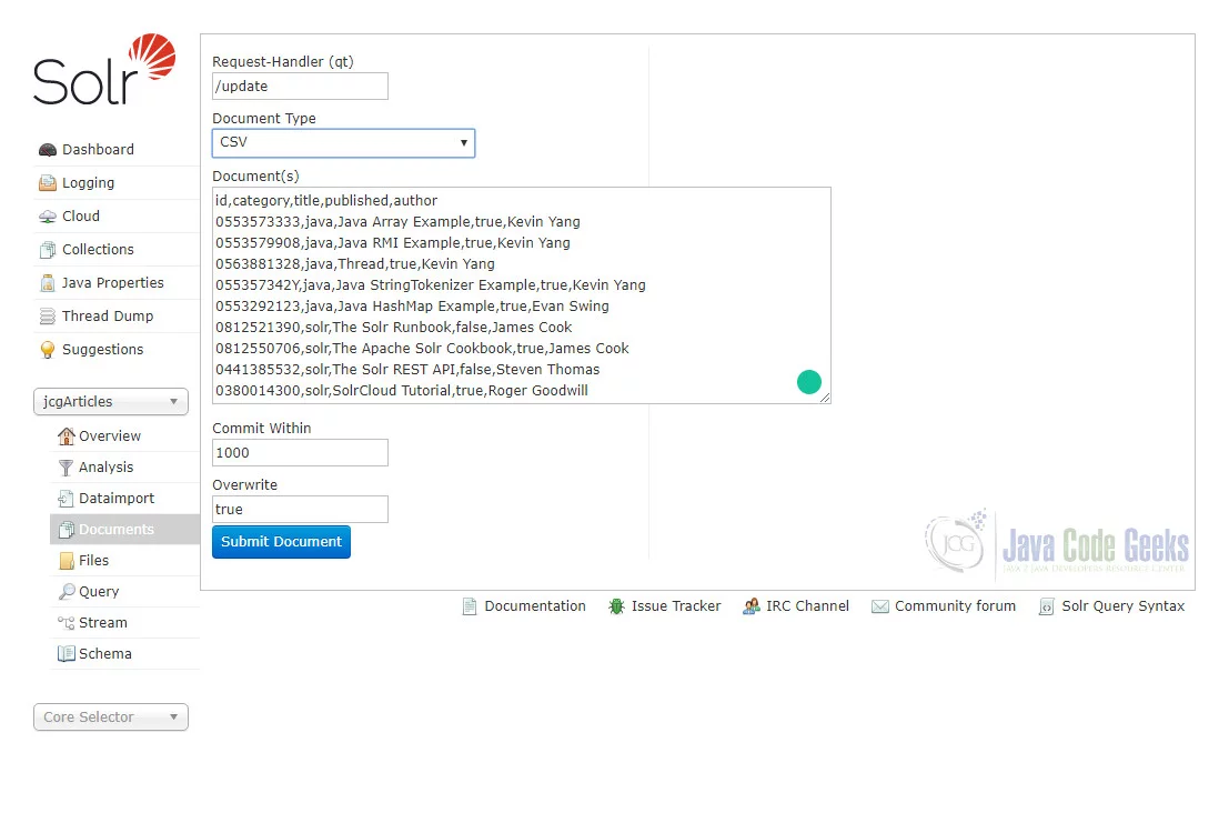 Fig. 9. Solr Admin Index Documents