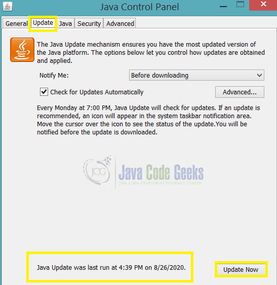 java update - Java Control Panel on Windows