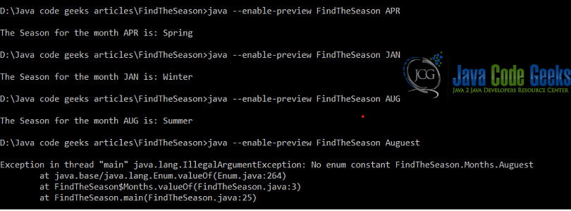 Java program run outputs