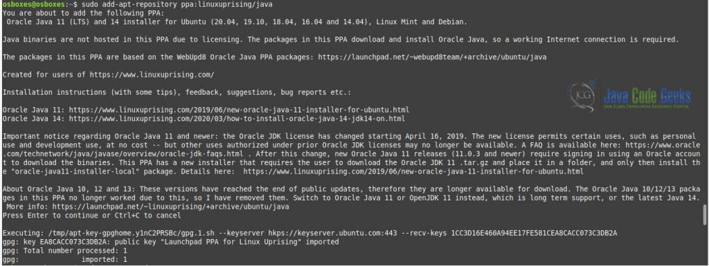 Output for command sudo add-apt-repository ppa:linuxuprising/java