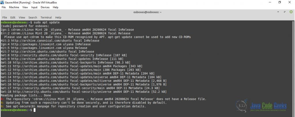 install java linux mint - output afetr running sudo apt update command