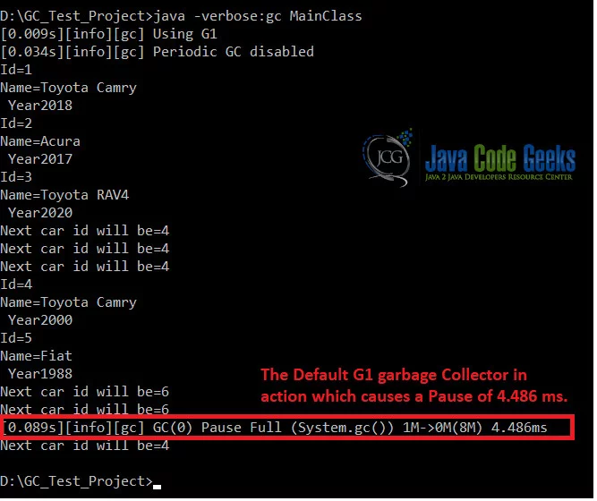 G1 garbage Collection output
