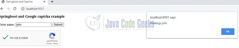 reCaptcha with Spring Boot - greeting response