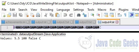 Fig. 4: File Created with DataOutputStream Example and the Data Inside it.