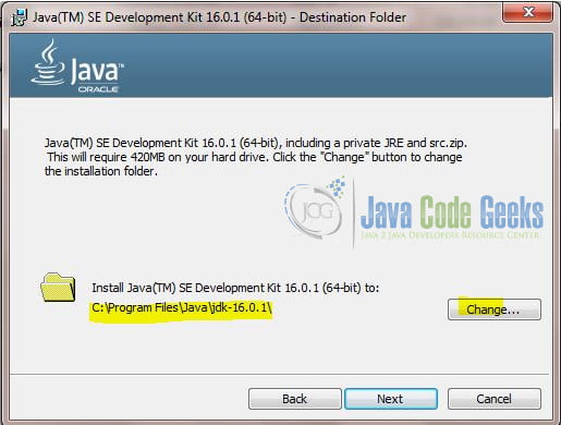 java 16 download - change destination folder step