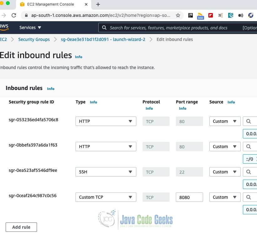 aws microservices - inbound rules
