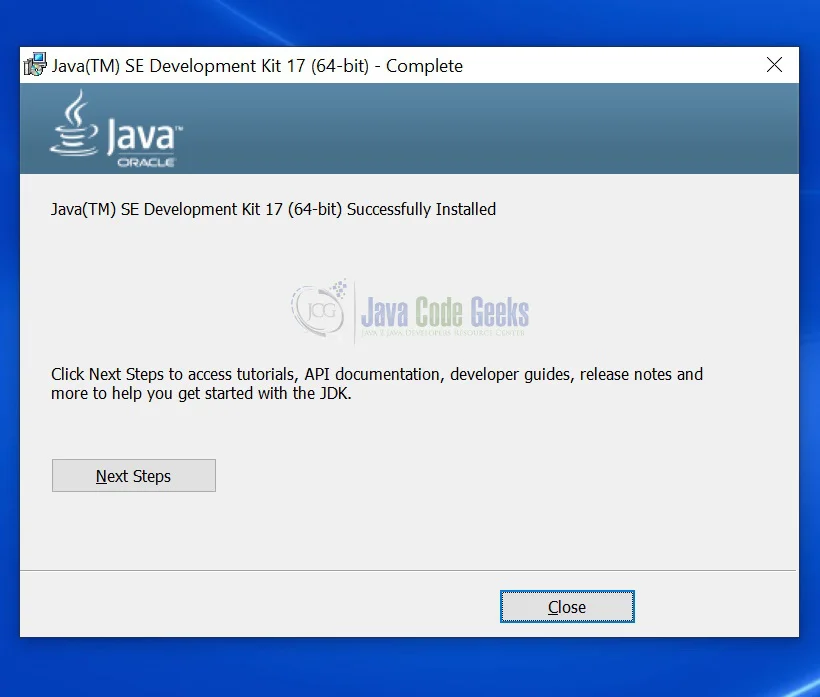 java 17 download - installation completed