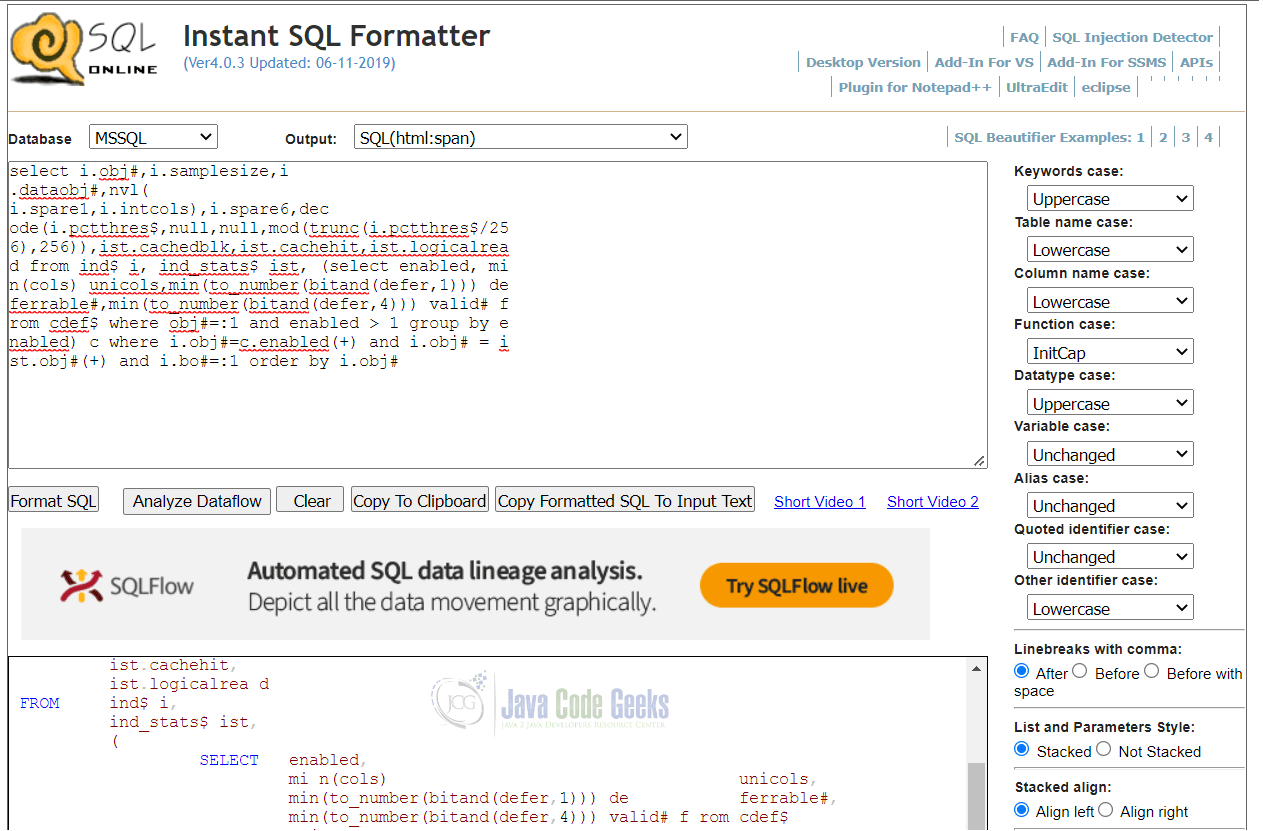 online sql formatter