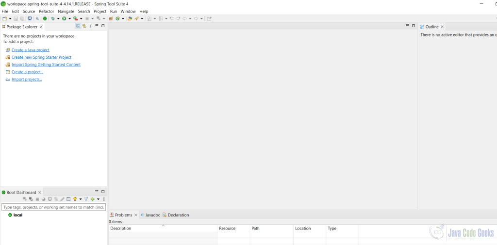 Spring Tool Suite 4 welcome screen