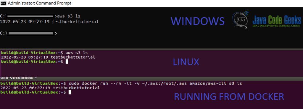 Output for running S3 command on Windows, Linux and from Docker image.