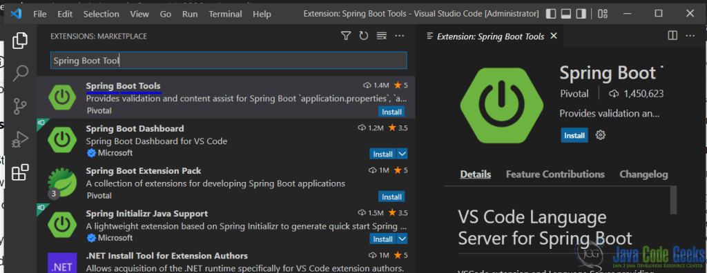 VS Code windows to install the Spring Boot Tool extension.
