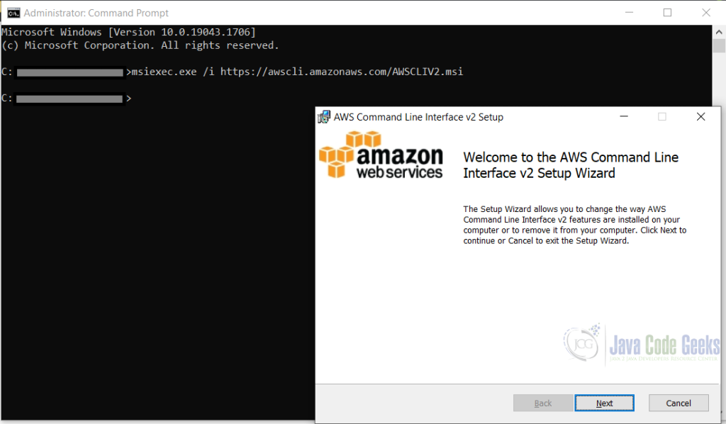 Installation AWS CLI on Windows with running the msiexec command.