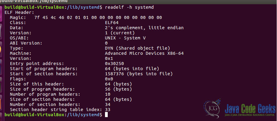 Output of the command readelf showing all 