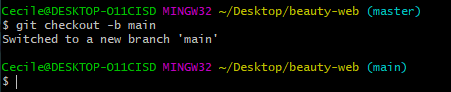 Fig. 2. Using the command "git checkout -b main" to create the main branch