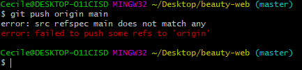 Fig. 1. git terminal displaying the "error: src refspec main does not match any"
