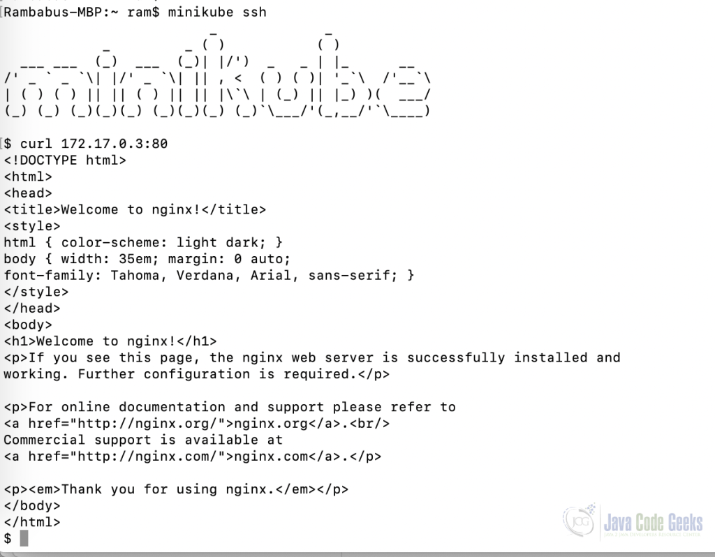 Fig-9: How to curl nginx ClusterIP Service from Minikube K8S Cluster